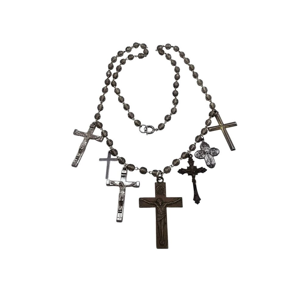 Vintage Multi Cross Charm & Crystal Rosary Necklace (A8655)
